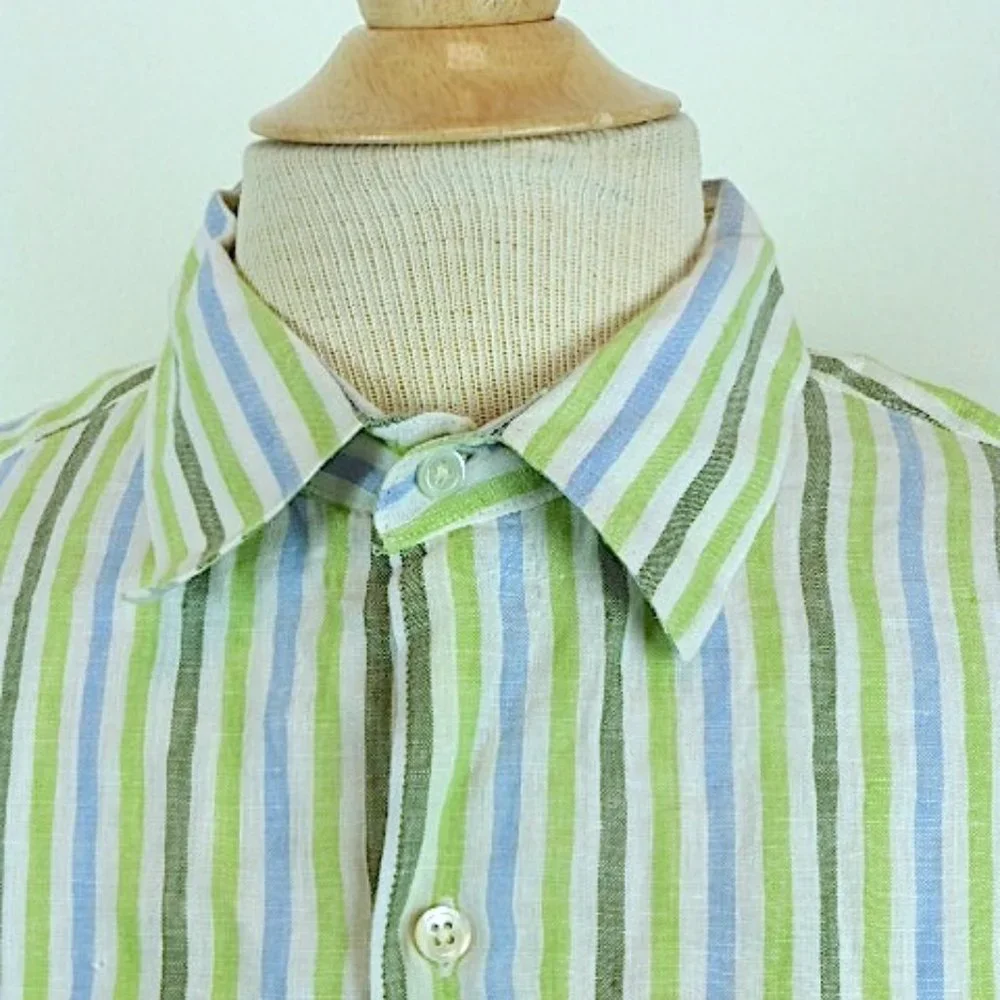 Banana Republic linen blue green long sleeve stripe shirt M